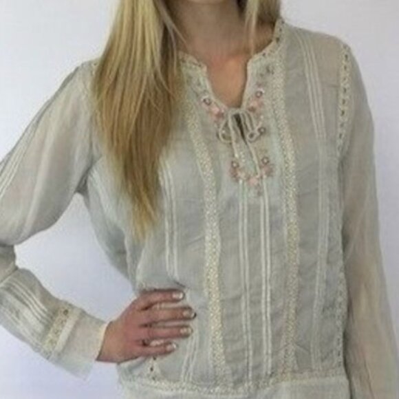 Johnny Was Pintuck Mesh Peasant Blouse - Picture 2 of 9